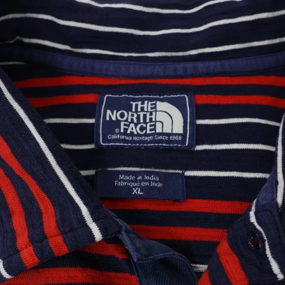 The North Face Mens XL Polo Shirt Striped Navy‎ Blue Red Short Sleeve Pocket